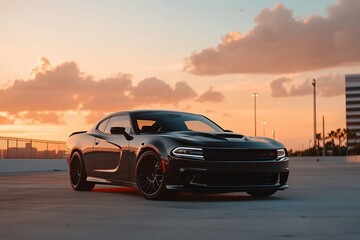 Obraz premium Black muscle car sunset parking lot