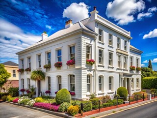 Obraz premium Hobart Three-Story White Building Exterior, Charming Architecture, Tasmanian Architecture, Residential Building, Australian House