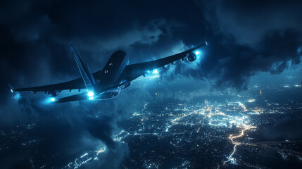 Fototapeta premium The plane of the blue glowing dots. Single-engine plane view from below
