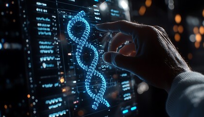 Doctor holds a blue DNA helix structure on a holographic interface, demonstrating futuristic medical technology and diagnostics.
