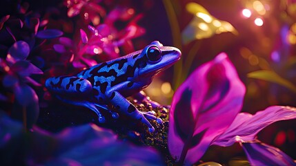 A poison dart frog in a backyard terrarium, its vivid colors signifying its toxic nature.