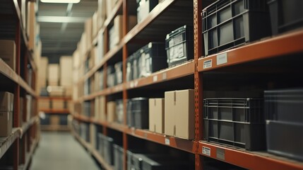 Organized Warehouse Storage Rows Filled With Cardboard Boxes And Bins