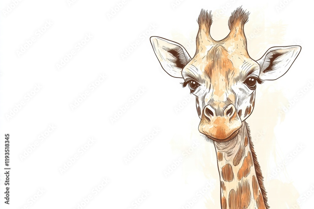 Fototapete detailed illustration of a giraffe with unique features and expressive eyes in a bright setting. gen