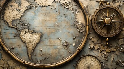 Fototapeta premium Antique World Map With Compass And Nautical Charts