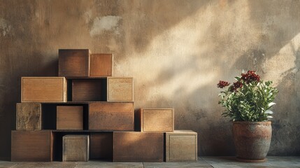Obraz premium Wooden Boxes Stacked Against A Textured Wall With Flowers