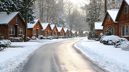 Fototapeta premium Winter cabin resort, snowy landscape, winding road, wooden lodges, pine trees, forest, twilight, soft lighting, cozy atmosphere, rustic architecture, peaceful scene, cold weather, vacation destination