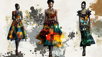 Fototapeta premium African Fashion Models in Vibrant Colorful Dresses
