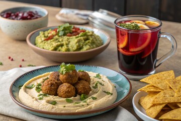 Hummus with Falafel and Guacamole, Nachos Behind 