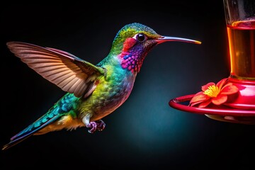 Fototapeta premium Hummingbird Feeding: Isolated Black Background Stock Photo
