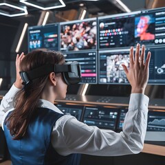 ackview Of Caucasian Woman Connecting to Animated Stream Of Content. Visualization Of Browsing Metaverse Big Data with Viral Videos, Social Media Profiles with Influencers, and Internet Communities