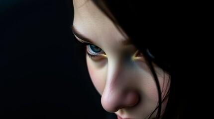 Fototapeta premium Close-up of a young Caucasian woman with intense blue eyes and gold eyeshadow.