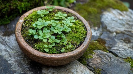 Terracotta Pot Contains Moss And Small Green Plants