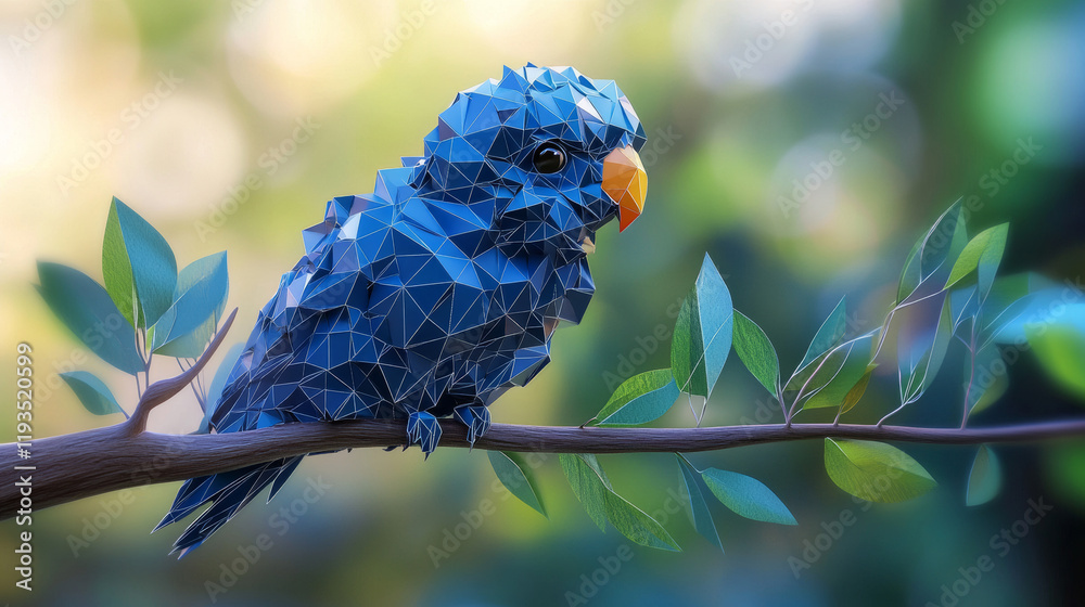 Wall mural a hologram of a parrot. a parrot on a branch of polygons, triangles of dots and lines. the parrot is