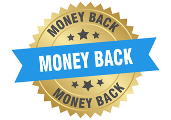 money back. money back round blue and gold label isolated on transparent background