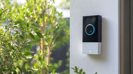 A modern smart home doorbell on a white background