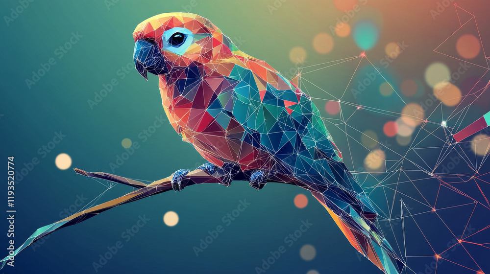 Wall mural a hologram of a parrot. a parrot on a branch of polygons, triangles of dots and lines. the parrot is