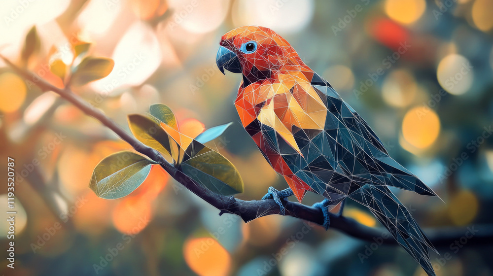 Wall mural a hologram of a parrot. a parrot on a branch of polygons, triangles of dots and lines. the parrot is