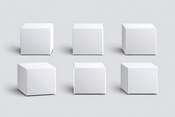 Six Blank White Cubic Display Pods on Gray Background