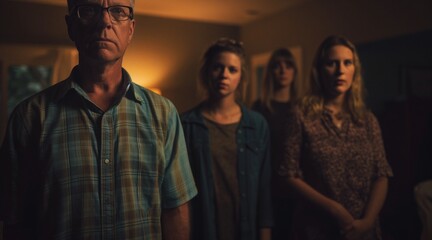 Obraz premium Emotional Tension in Family Portrait Captured in Dim Lighting