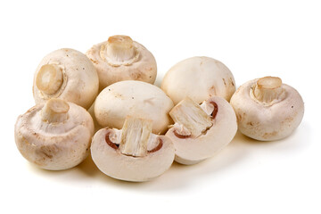 White champignons mushrooms, isolated on white background.