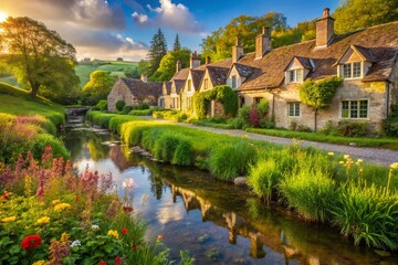 Obraz premium Idyllic Cotswold Cottages, Bibury Stream & Meadow Landscape Photography