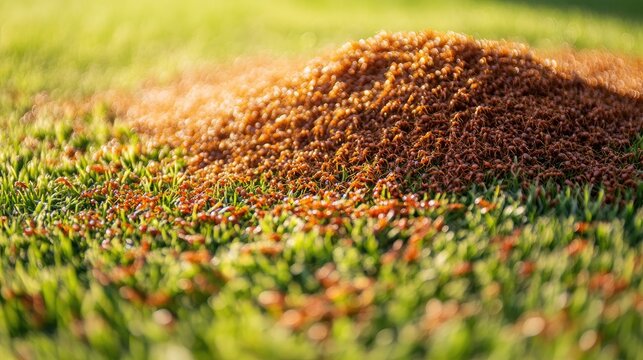 A swarm of fire ants creating a mound in the middle of a backyard lawn, posing a risk to bare feet.