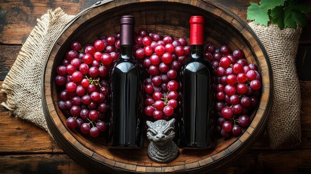 Two wine bottles surrounded by fresh grapes in a rustic wooden barrel on a textured table