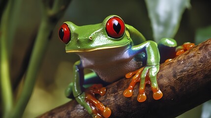 Fototapeta premium Red eyed tree frog perched on a branch in its habitat