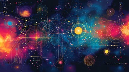 Obraz premium Vibrant portrayal of abstract concepts cosmic diagrams and symbolic patterns representing philosophical inquiry