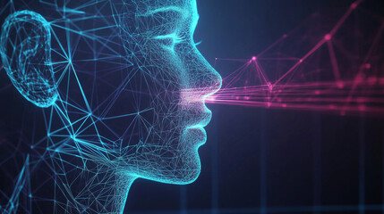The hologram's voice. The voice consists of polygons, triangles, points, and lines. Voice visualization low-poly connection structure. The technology conc