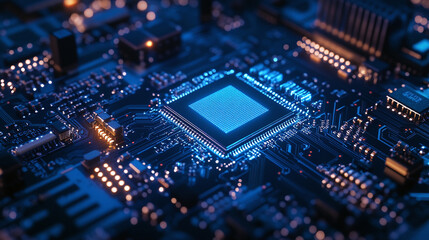 Obraz premium Ai artificial intelligence blue text on cpu processor microchip on a computer electronic circuit motherboard hardware part. futuristic data information network, robot brain, engineering machine.