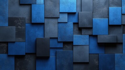 Abstract minimalist wallpaper with clean squares and circles on blue background. Banner template with white center text area. Ideal for modern designs.