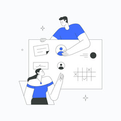 Team collaboration with male and female professionals in flat vector illustration symbolizing teamwork, brainstorming, and project management, isolated on white background.
