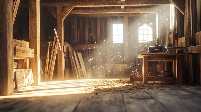 A rustic carpentry workshop with wooden beams, tools, and sawdust on the floor