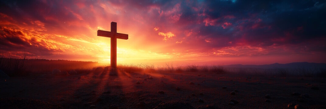 Wooden cross surrounded by colorful clouds at sunset with Easter eggs in the foreground, concept of Easter and rebirth