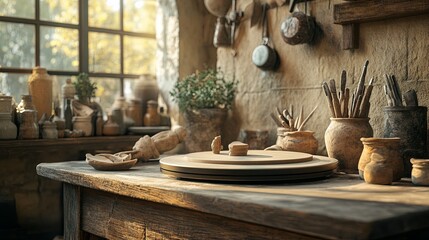 A rustic clay sculpting station with tools, fresh clay, and a turntable