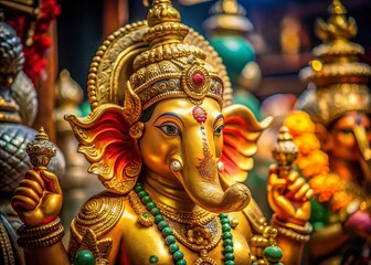 Fototapeta premium Intricate Golden Ganesha Sculpture, Sacred Symbols, Hindu Deity, Religious Art, Candid Photography