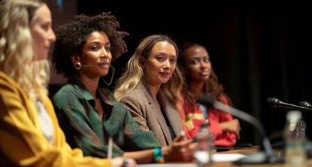 Naklejka premium Empowered Women Panel at Inspiring Women's Conference Discussing Leadership and Innovation