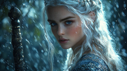 Fierce Viking Warrior Woman with Intricate Face and Body Tattoos in Diverse Natural Settings, from Stormy Seas to Misty Forests, Showcasing Strength, Beauty, and Battle Readiness