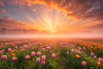 Fototapeta premium Vibrant sunrise illuminating a misty meadow of colorful tulips nature scene tranquil landscape morning light