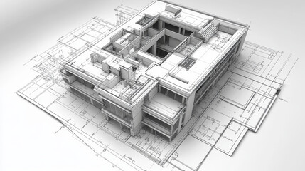 Wireframe blueprint drawing of 3D building. Vector architectural template background.