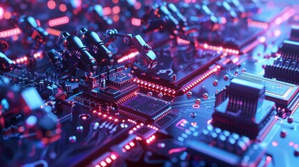 Obraz premium A close-up view of a circuit board with glowing components, showcasing technology and innovation.