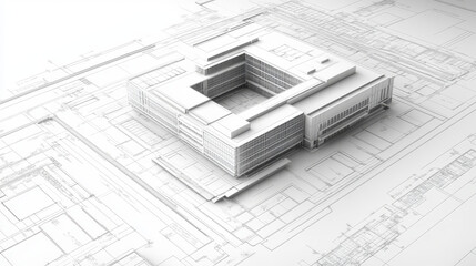 Wireframe blueprint drawing of 3D building. Vector architectural template background.