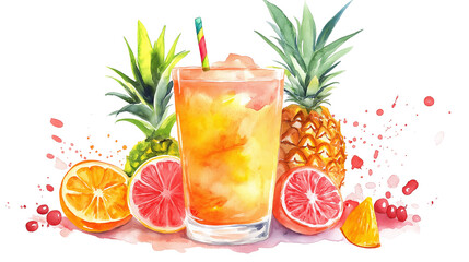 Fototapeta premium Watercolor png clipart Colorful Drink with Orange, Pineapple, and Grapefruit on a white background