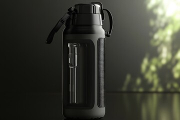 Stylish water bottle with intricate design and nature-inspired background in soft lighting