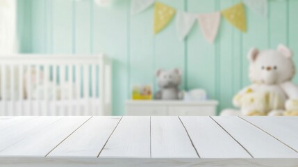 Empty white wooden tabletop on blurred nursery green background in natural light