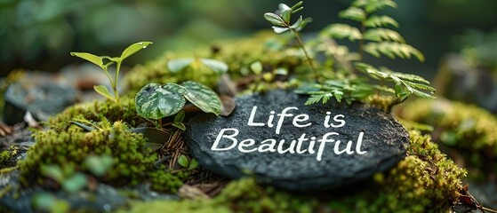 sign text "Life is Beautiful" on nature close up