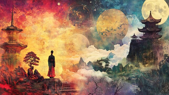 Eastern philosophy portrayed symbolic art representing Confucianism Taoism and Zen highlighting harmony balance and introspection