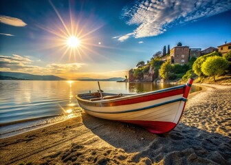 Fototapeta premium Italian Fishing Boat on Bolsena Lake Shore, Marta Village