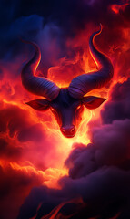 A dramatic image of a bull's head emerging from fiery clouds, symbolizing strength and power in a captivating visual.